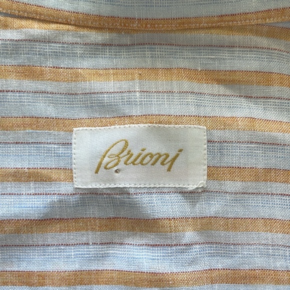BRIONI ITALY 100% LUXURY LINEN SHIRT Mens Large Blue Stripe Short Sleeve - Picture 6 of 13